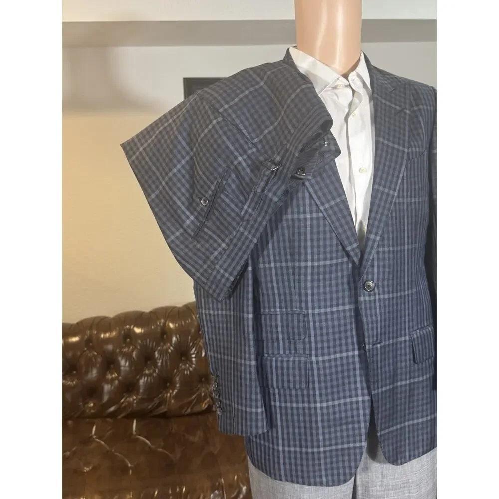 Tom Ford Blue Plaid Peak Lapel Suit Silk 48 38R US O'Connor 34x27 Trousers